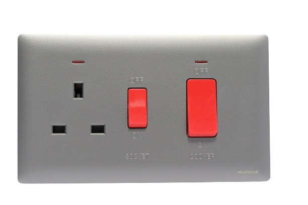 Windsor Innova Silver 45A 1 Gang Switch with 13A Switch Socket Neon - 91331DS