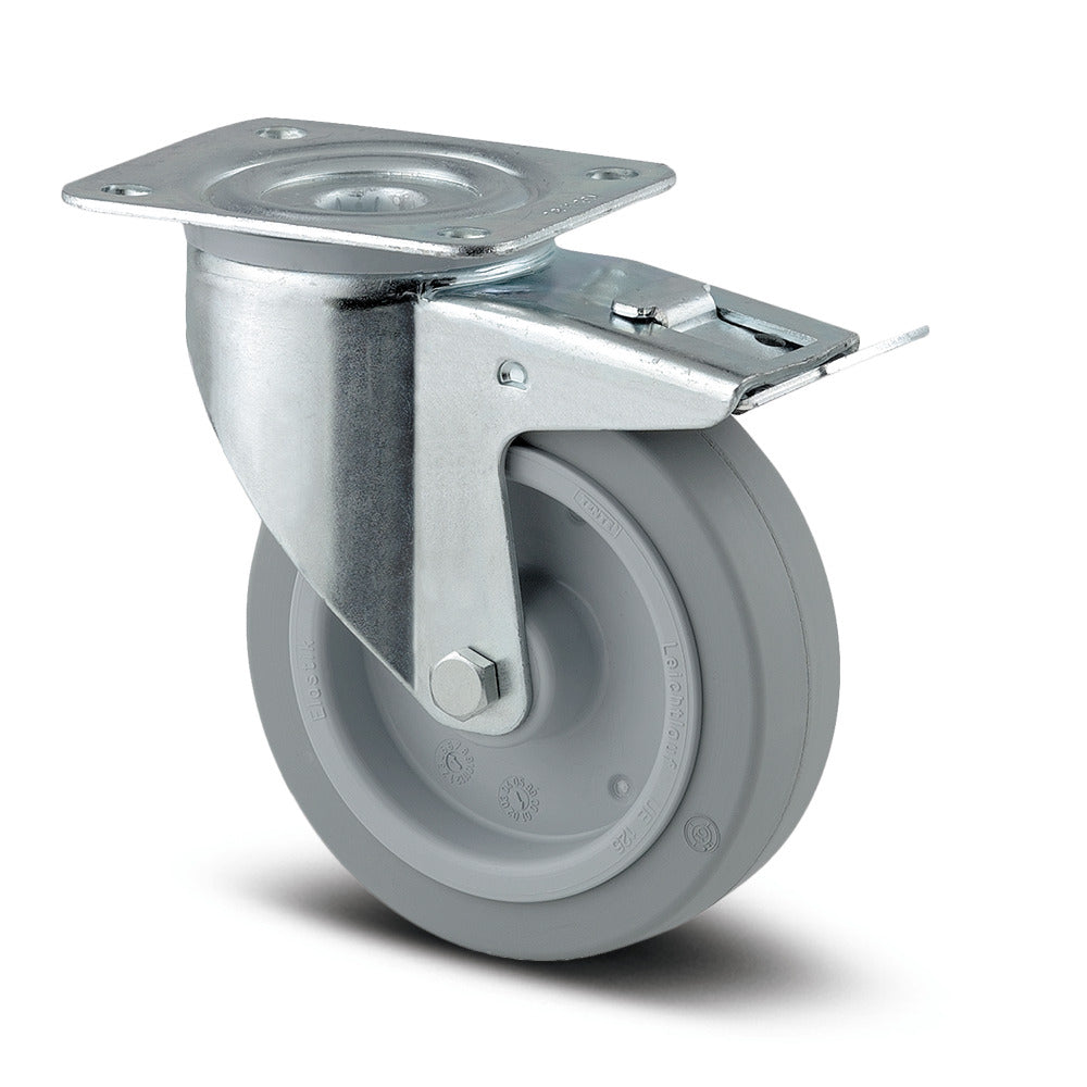 6.3'' SWIVEL CASTORS WITH TOTAL BRAKE POLYAMIDE WITH ELASTIC WHEEL 3477 UFR 16 P63 GRIS INDUSTRIAL CASTORS TENTE