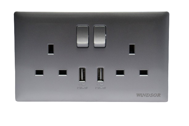 Windsor Innova Grey 13A 2 Gang Universal Socket with USB - 91487GR