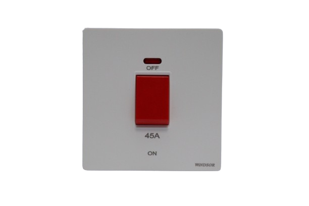 Windsor L&L Range Brushed White 45A 1 Gang Double Pole Switch with Neon Indicator - L327W