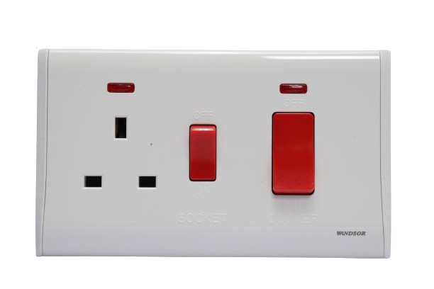 Windsor Pioneer White45A Cooker Control Unit Socket with Neon Indicator - P331F