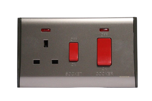 Windsor Pioneer Gun Metal Grey 45A 1 Gang Switch with 13A Switch Socket, Neon Indicator - P331GB