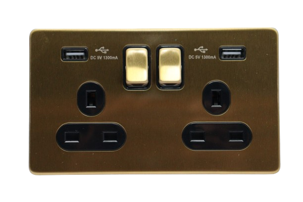 Windsor VIP Gold 13A 2 Gang Switched Socket with 2 USB Ports and Neon Indicator - VC451J