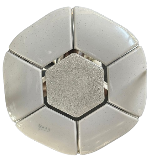 A modern LED ceiling lamp with a star white finish, featuring a geometric pattern of white and silver tiles.