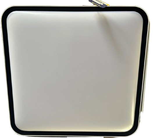 A rectangular LED ceiling lamp with a black and white finish, featuring a pull chain on the back. The lamp appears to be modern and sleek in design.
