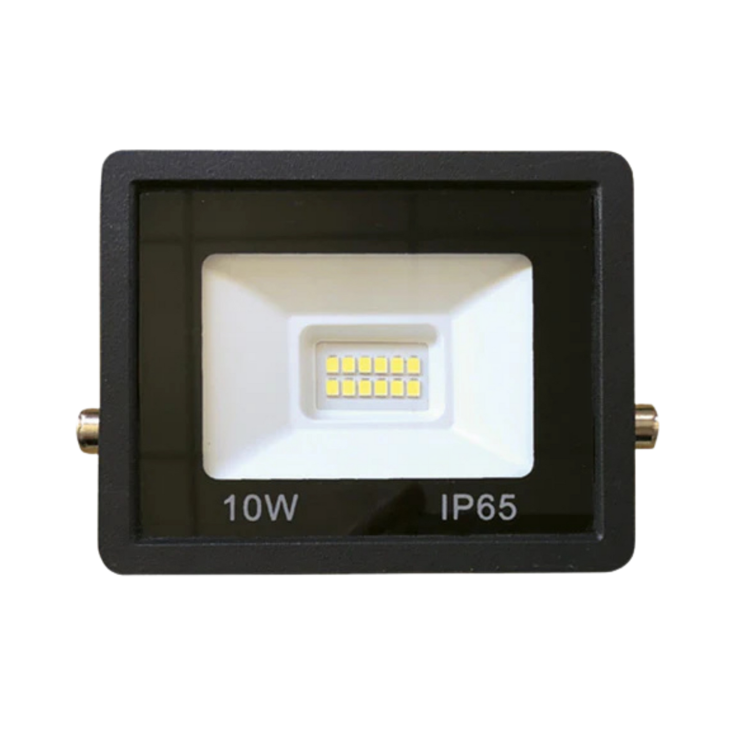 LED flood light with 10W rating and IP65 rating on a white background