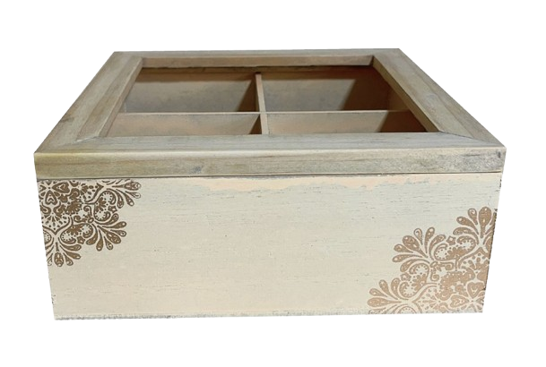 Off-White & Gold Wooden Tea Chest - 17 x 17 x 7 cm