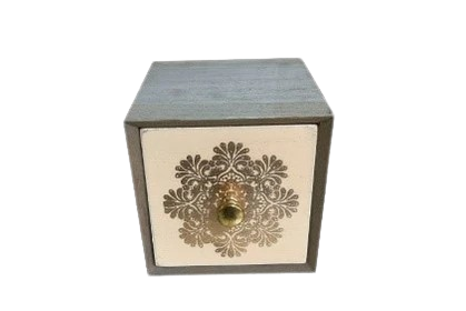 Single Off-White & Gold Wooden Decorative Box - 10 x 10 x 10 cm