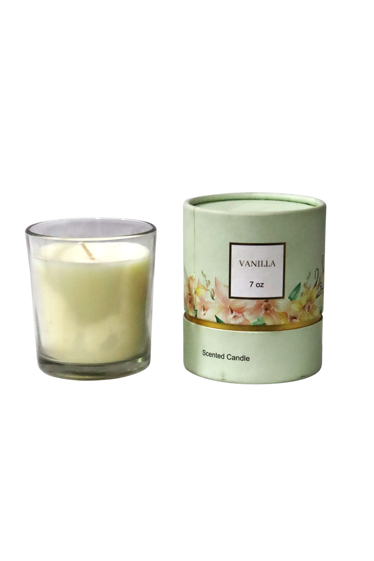 7 OZ VANILLA GLASS CANDLE IN A GREEN BOX