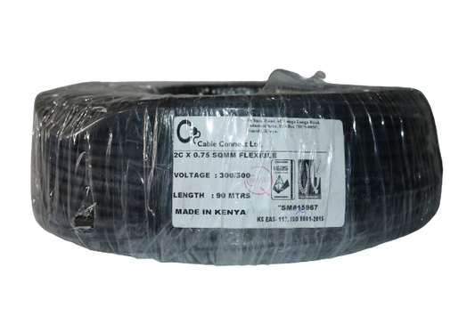 .75MM X 2CORE Copper Round Flex Cable Black (9 MTR ROLL)