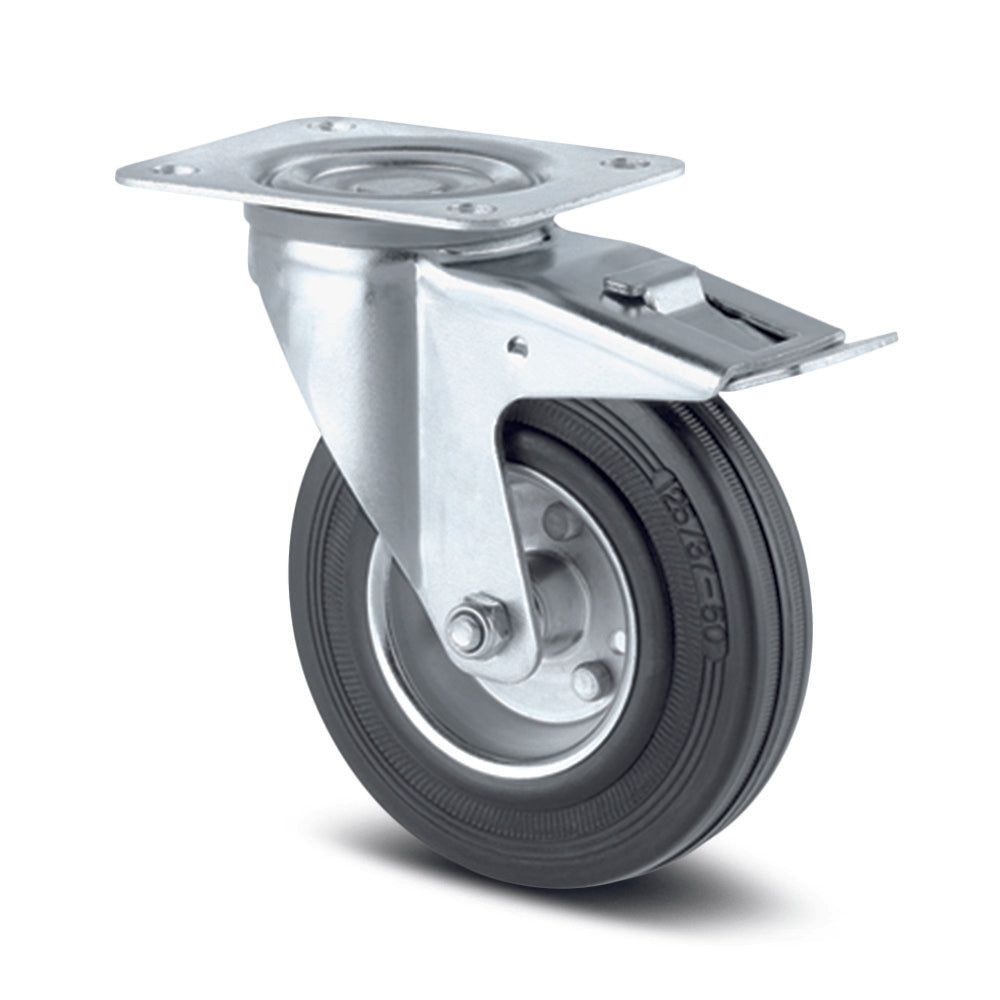 5" SWIVEL CASTORS WITH TOTAL BRAKE BLACK RUBBER THREAD 3377 DVR 125 P62 INDUSTRIAL CASTORS TENTE