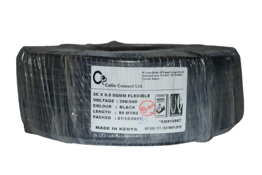.5MM X 3CORE Copper Round Flex Cable Black (9 MTR ROLL)