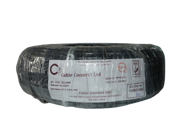 1MM X 3CORE Copper Round Flex Cable Black (9 MTR ROLL)
