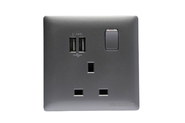 Windsor Innova Grey 13A 1 Gang Universal Socket with USB - 91456GR