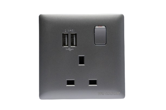 Windsor Innova Grey 13A 1 Gang Universal Socket with USB - 91456GR