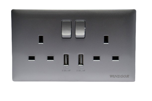 Windsor Innova Grey 13A 2 Gang Universal Socket with USB - 91487GR