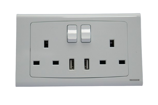 Windsor Royal Star White 13A 2 Gang Switched Socket with 2 USB Ports and Neon Indicator - D487