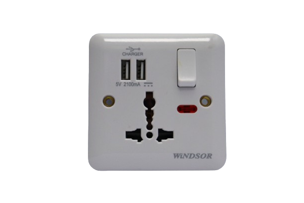 Windsor Ivory 13A 1 Gang Universal Socket with Dual USB Ports and Neon Indicator - E47MB