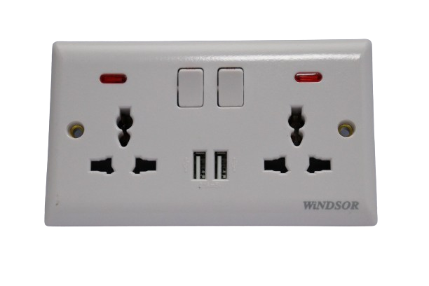Windsor Ivory 13A 2 Gang Universal Socket with Dual USB Ports and Neon Indicator - E48MB