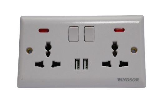Windsor Ivory 13A 2 Gang Universal Socket with Dual USB Ports and Neon Indicator - E48MB