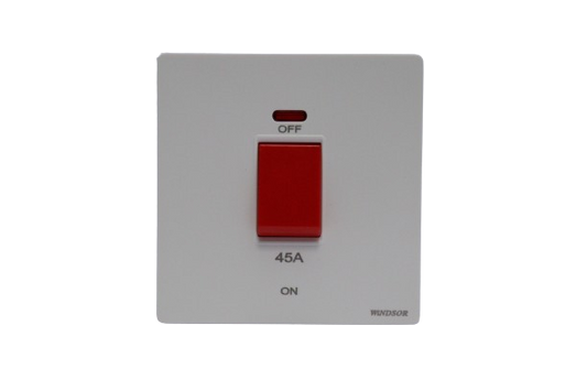 Windsor L&L Range Brushed White 45A 1 Gang Double Pole Switch with Neon Indicator - L327W