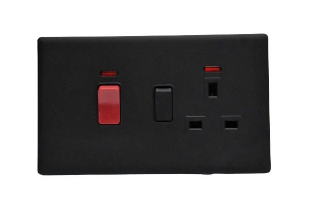 Windsor L&L Range Black Velvet Touch 45A 1G Switch with 13A Switched Socket and Neon Indicator - L331B