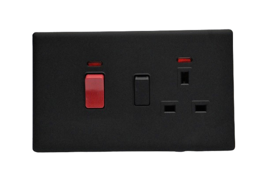 Windsor L&L Range Black Velvet Touch 45A 1G Switch with 13A Switched Socket and Neon Indicator - L331B