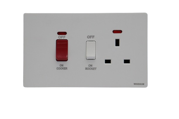 Windsor L&L Range Brushed White 45A 1G Switch with 13A Switched Socket and Neon Indicator - L331W