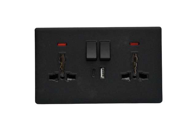Windsor L&L Range Black Velvet Touch 13A 2 Gang Universal Socket with USB Type-A and USB Type-C - L468BB