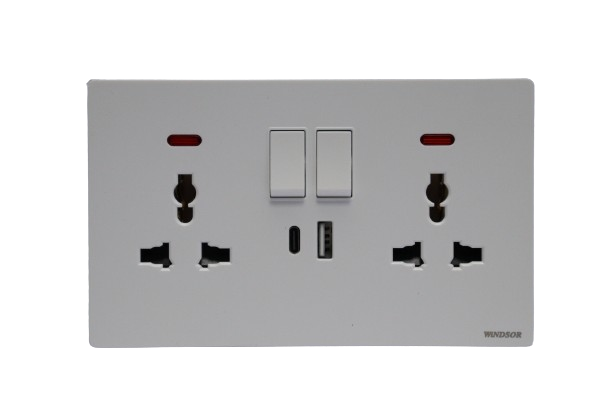 Windsor L&L Range Brushed White 13A 2 Gang Universal Socket with USB Type-A and USB Type-C - L468BW