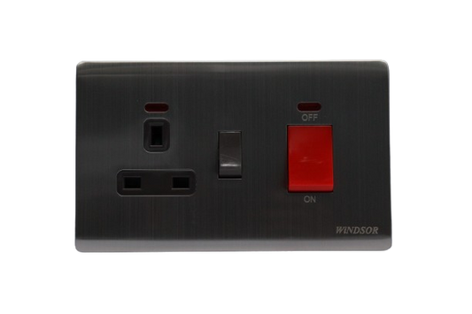 Windsor Metal Silk Silver 45A 1 Gang Switch with 13A Switched Socket and Neon Indicator - MS331Y
