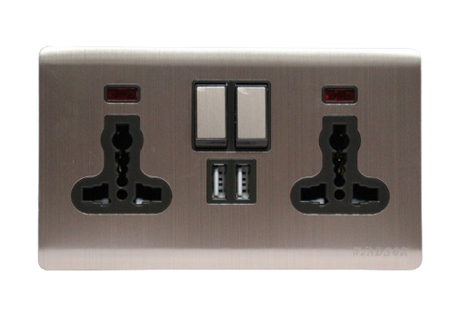 Windsor Metal Silk 13A 2 Gang Universal Socket with USB Gold - WIN257