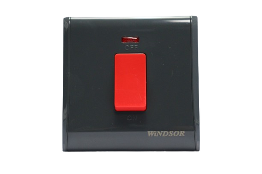 Windsor Pioneer Gun Metal 45A 1 Gang Double Pole Switch with Neon Indicator - P327DH