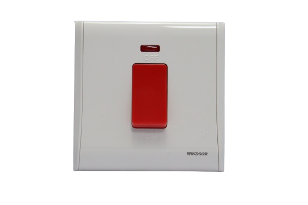 Windsor Pioneer White 45A 1 Gang Double Pole Switch with Neon Indicator - P327F