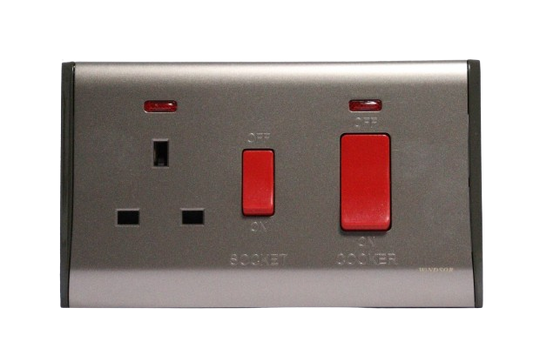 Windsor Pioneer Gun Metal Grey 45A 1 Gang Switch with 13A Switch Socket, Neon Indicator - P331GB