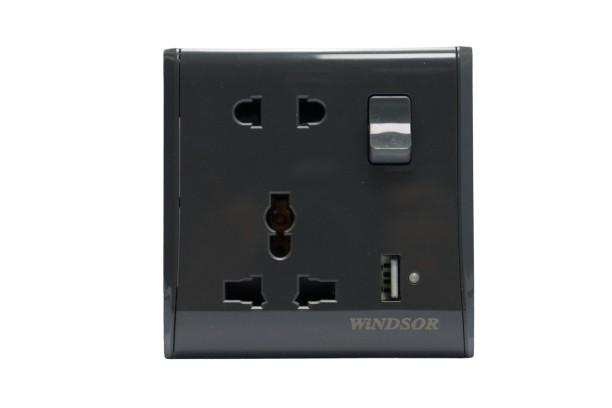 Windsor Pioneer Gun Metal 13A 1 Gang Universal Socket with USB -  P484DH