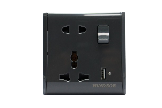 Windsor Pioneer Gun Metal 13A 1 Gang Universal Socket with USB -  P484DH