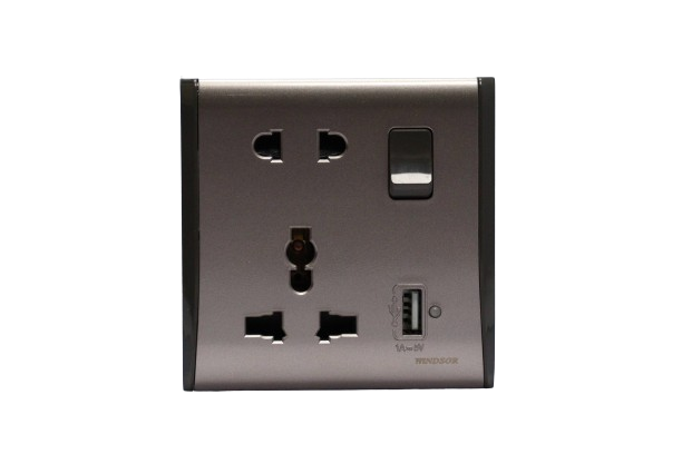 WIndsor Pioneer Gun Metal Grey 13A 1 Gang Universal Socket with USB - P484GB