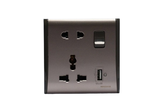 WIndsor Pioneer Gun Metal Grey 13A 1 Gang Universal Socket with USB - P484GB