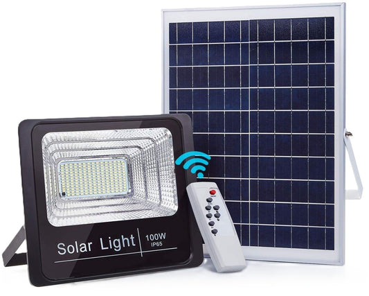100W LED Solar Flood Light with Solar Panel, Remote Control, 15000mAh Battery, 6500K, IP65