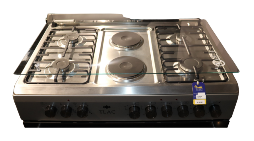 90x60 Free-Standing Cooker – 4 Gas + 2 Electric Burners, Glass Lid