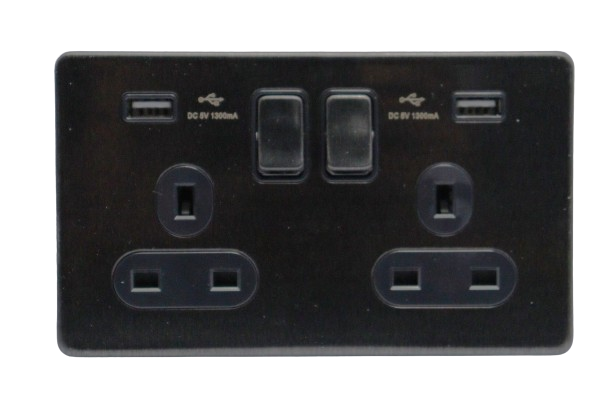Windsor VIP Black 13A 2 Gang Switched Socket with 2 USB Ports and Neon Indicator - VC451GB
