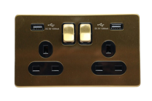 Windsor VIP Gold 13A 2 Gang Switched Socket with 2 USB Ports and Neon Indicator - VC451J