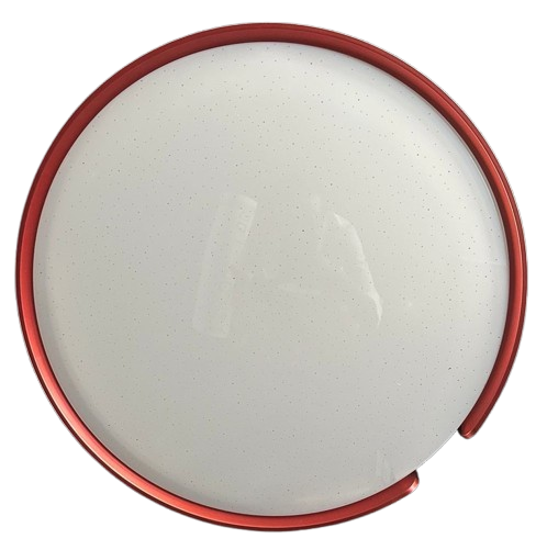 A 30W LED ceiling lamp with a white finish and red accents, viewed from above showing the diffused light pattern.