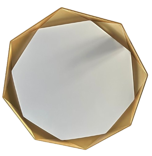 A modern LED ceiling lamp with a white finish and gold accents, presented in a geometric shape.