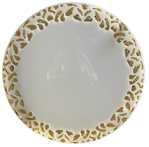 A round LED ceiling lamp with a gold finish and a floral pattern on the design.