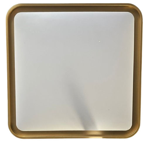 A modern black and gold finish LED ceiling lamp with a square shape and a visible LED panel.