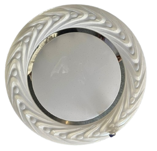 A modern LED ceiling lamp with a white finish and gold accents, designed in a circular shape with a textured pattern on the top and a smooth finish on the bottom.