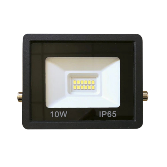 LED flood light with 10W rating and IP65 rating on a white background