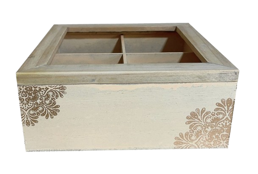 Off-White & Gold Wooden Tea Chest - 17 x 17 x 7 cm